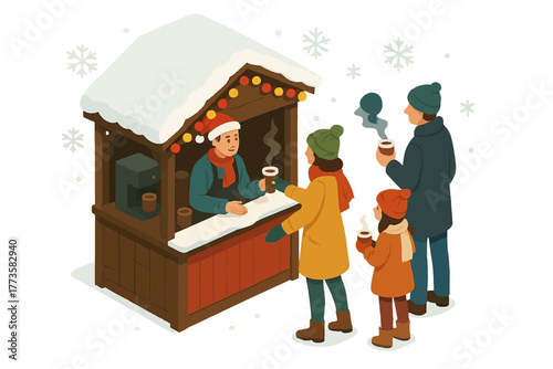 Family enjoying hot drinks at festive winter market stall