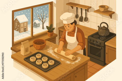 Asian female baker rolling dough in cozy winter kitchen with snowy view