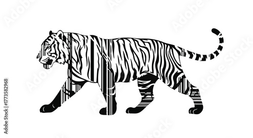 Powerful tiger silhouette with barcode pattern, symbolizing endangered wildlife and conservation