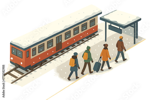 Snowy train platform with travelers: winter travel scene illustration