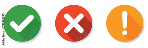 Green Check Mark Red Cross And Orange Exclamation Point Icons With Shadows symbol