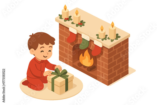 Young caucasian child unwrapping gift by festive fireplace with stockings and candles