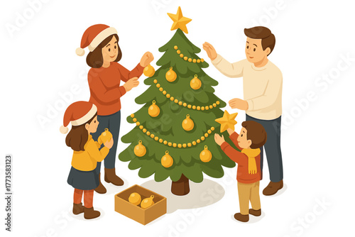 Family decorating christmas tree with ornaments and smiles