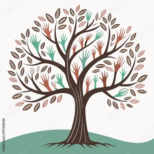 Stylized tree with diverse hands and leaves symbolizing growth community and unity
