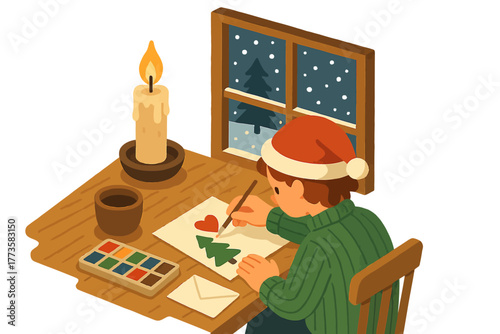 Young caucasian male drawing christmas card in festive room with candlelight and window view