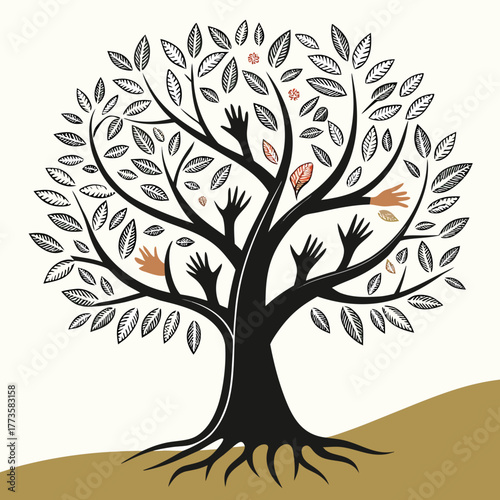 Stylized black tree with many branches bearing leaves and human hands reaching out