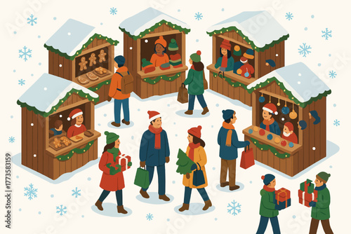 Festive winter market scene with wooden stalls and diverse shoppers