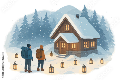 Couple approaches cozy snow-covered cabin surrounded by lanterns in winter forest
