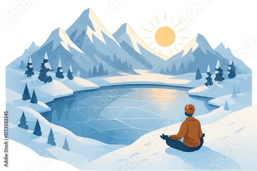 Meditative reflection: person enjoying a serene snowy mountain landscape at sunrise