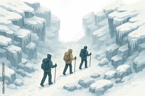 Three adults hiking snowy mountain pass in winter wonderland