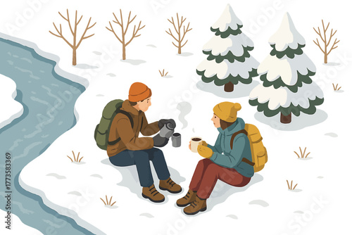 Young caucasian friends enjoying winter hike with hot drinks in snowy landscape