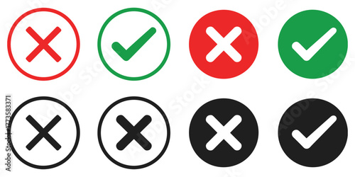 Set of Check Mark and Cross Symbols in Red Green Black and White tick