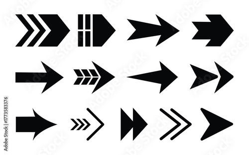Twelve unique black arrow designs point right on a white background in format