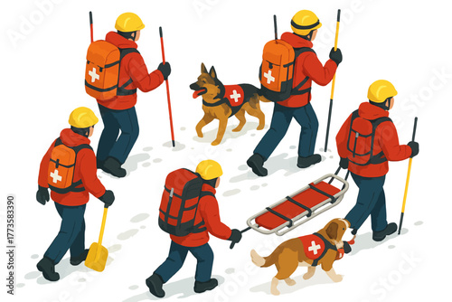 Rescue team with dogs and equipment on snowy mission