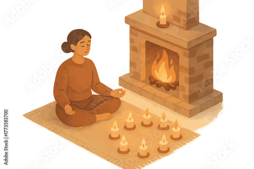 Asian female meditating by fireplace surrounded by candles