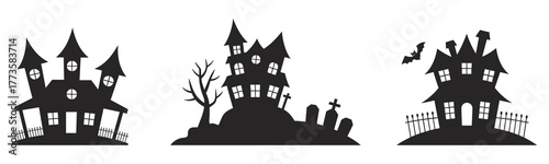 Silhouettes of Spooky Halloween Haunted Houses with Bats and Gravestones on White Background Keywords: halloween, haunted house, spooky, silhouette