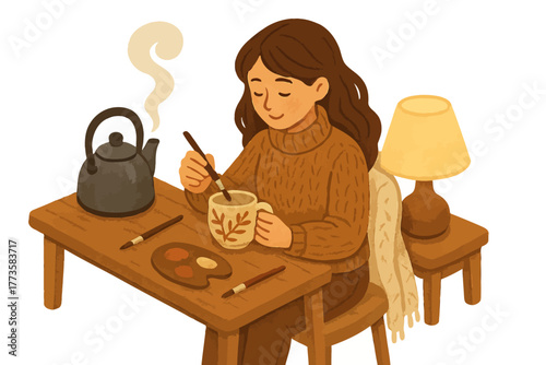 Young caucasian female artist enjoying coffee while painting at cozy home