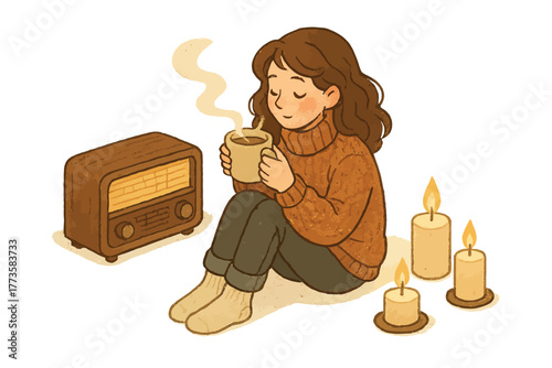 Cozy young caucasian female relaxing with tea and vintage radio surrounded by candles