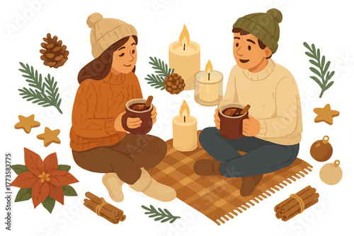Cozy winter gathering: young caucasian couple enjoying hot cocoa and candlelight
