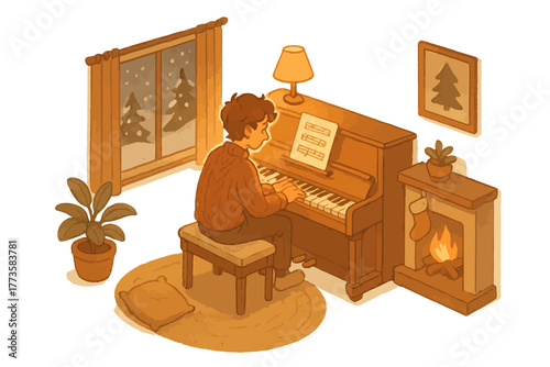 Young caucasian male playing piano in cozy winter living room scene with fireplace