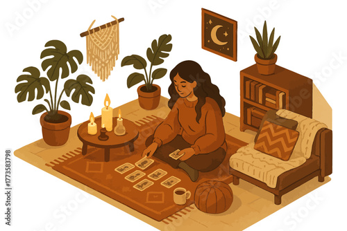 Young hispanic female reading tarot cards in cozy bohemian living room setting