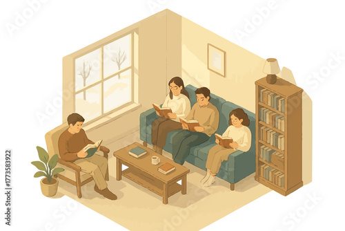 Cozy family gathering in warm living room reading books together on winter day