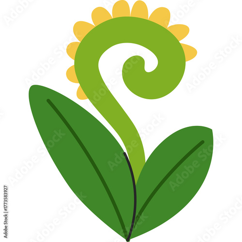 Cute cartoon green sprout with yellow flower and two large green leaves isolated on transparent background in a simple illustrative style