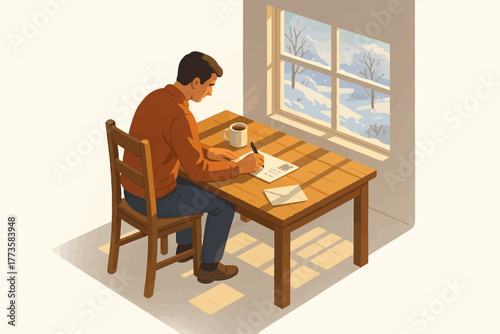 Young caucasian male writing at wooden table by winter window scene
