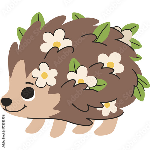 Cute Cartoon Hedgehog Decorated With White Flowers and Green Leaves Adorable Forest Creature With Simple Design And Transparent Background
