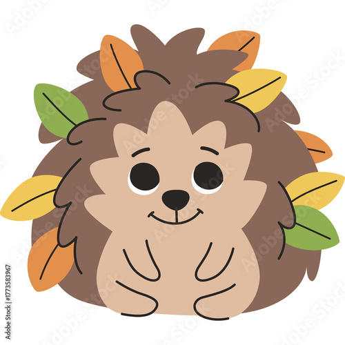 Cute Cartoon Hedgehog With Autumn Leaves In Its Spikes On Transparent Background