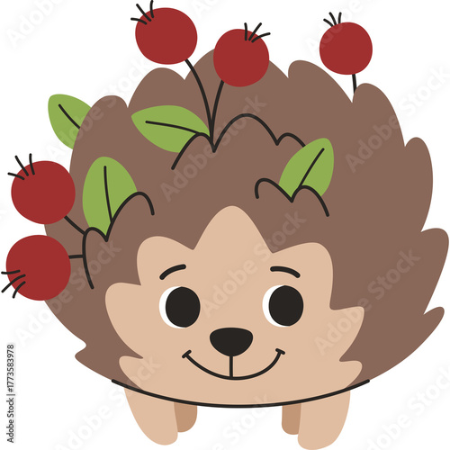 Cute Cartoon Hedgehog With Red Berries And Green Leaves On Spines Simple Illustration Isolated On Transparent Background