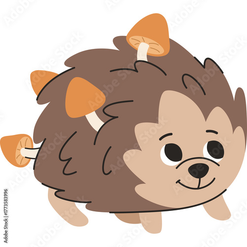 Cute cartoon hedgehog with small orange mushrooms growing on its brown spiky back walking happily with a smile on its face white background illustration