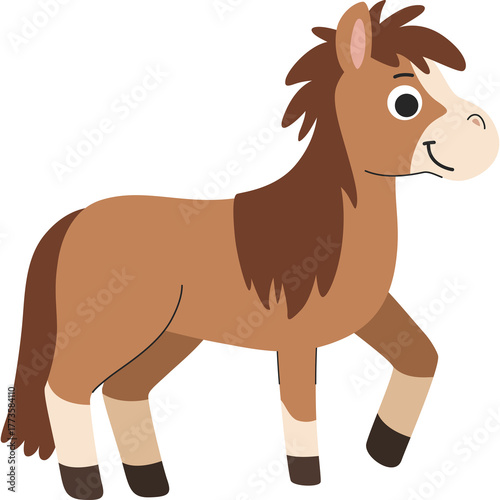 Cute cartoon horse illustration with brown fur and mane isolated on a white background, depicting a farm animal with a friendly expression and a walking pose.