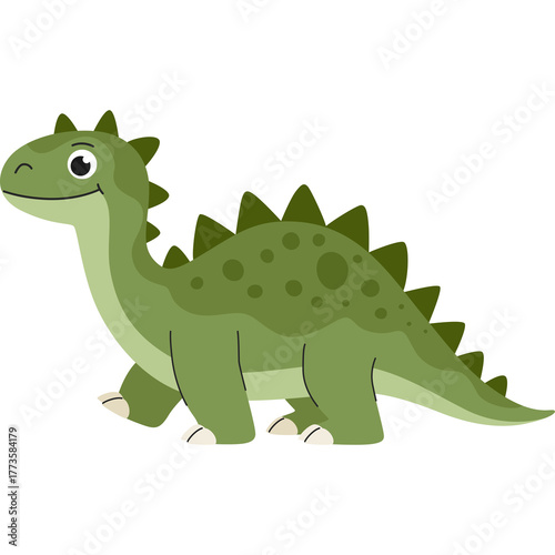 Cute Cartoon Green Stegosaurus Dinosaur Illustration on Transparent Background With Spikes and Spots Happy Expression