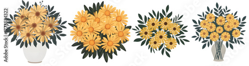 Four bouquets of yellow daisy flowers with green leaves in vases on a transparent background