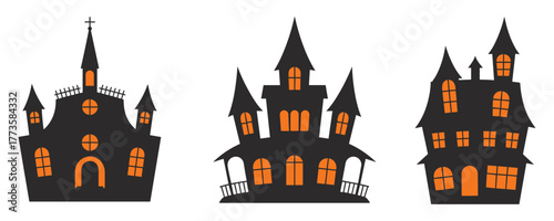 Three Black Silhouette Haunted House Icons With Orange Windows halloween spooky