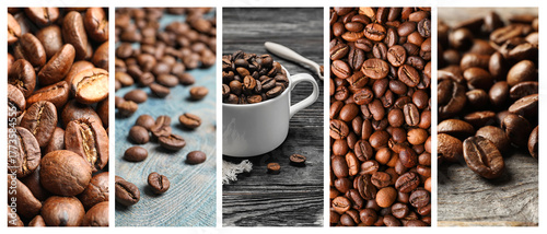 Roasted coffee beans, collage of pictures. Banner design