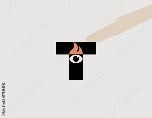 This unique image features a letter T icon accompanied by a flame and eye illustration, conveying concepts of insight, passion, and dynamic energy within its design.