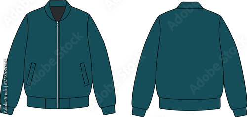 Teal bomber jacket front and back view, flat vector fashion template, unisex outerwear design, apparel silhouette, clothing mockup, CAD drawing illustration