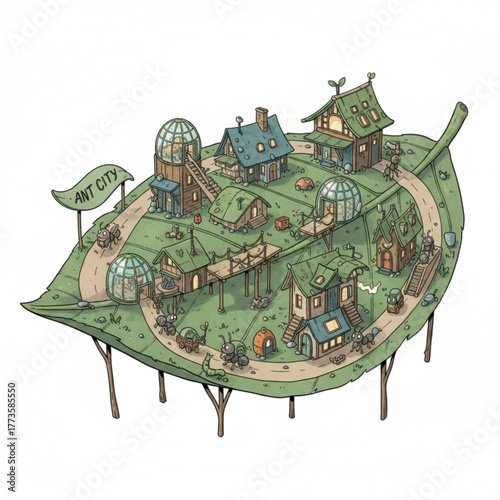Whimsical Handdrawn Ant City on Leaf Illustration with Tiny Details