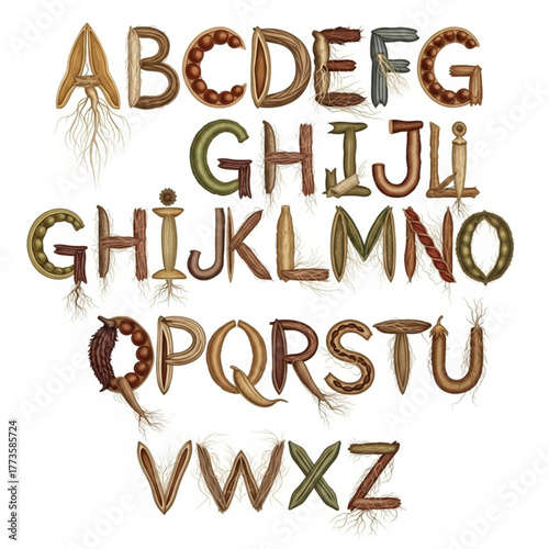 Botanical Handdrawn Alphabet Seed Pod and Root Graphic Letters Education