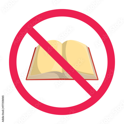 No book sign, forbidden sign with book icon, prohibited book sign, no reading allowed, no reading required, red crossed circle icon, flat vector illustration