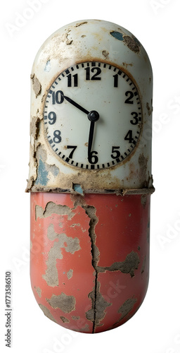 Worn time capsule featuring clock face, embodying passage of life and decay