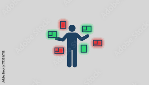 A digital landscape where a person is filtering through news articles with some glowing green for truth and others glowing red for falsehood.