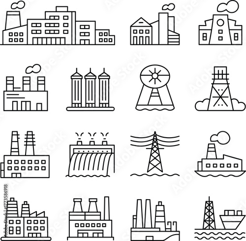 Industrial factory and power plant icons set, oil rigs, energy stations, outline vector illustration for infrastructure, development, and engineering projects