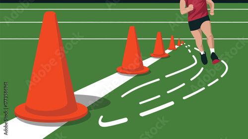 Person running agility drills with orange cones on a green field with white lines and markings