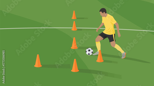 A soccer player dribbling a ball through cones on a green field during a training session outdoors