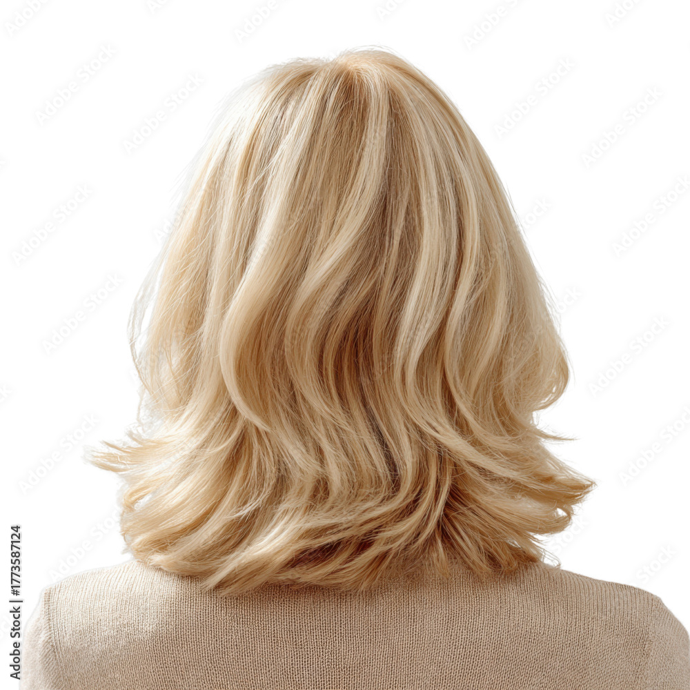 Naklejka premium Golden Locks' Portrait: An attractive woman showcasing her hair with a perfect style, emphasizing the allure and timeless charm of a fashionable hair style. 