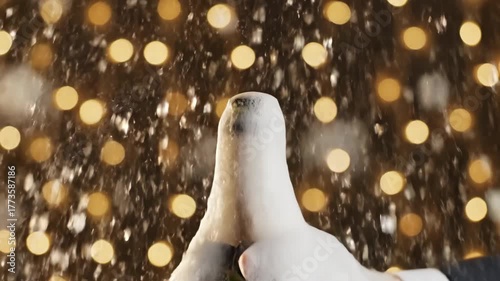 Hand Opening Sparkling Wine Bottle with Bokeh Background