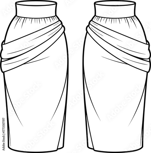 High waist pencil skirt with draped detail, fashion garment flat sketch, front and back views, elegant style, CAD drawing flat vector illustration